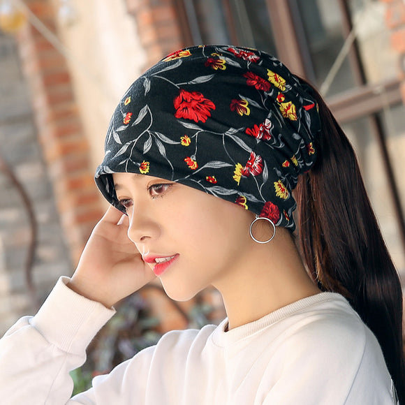 Women,Flower,Print,Beanie,Scarf,Ponytail