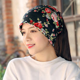 Women,Flower,Print,Beanie,Scarf,Ponytail