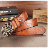 110CM,Women,Second,Layer,Genuine,Leather,Flower,Strap,Retro,Lotus,Buckle,Belts