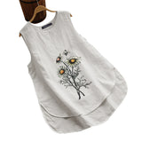 ZANZEA,Womens,Sleeveless,Floral,Embroidery,Cotton,Shirts,Casual,Loose,Tunic,Blouse