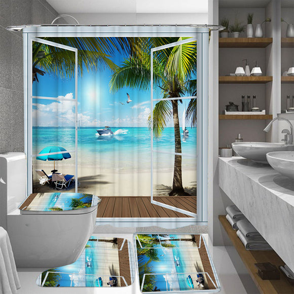 Summer,Beach,Scenery,Outside,Window,Waterproof,Bathroom,Shower,Curtain,Toilet,Cover
