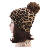 Women,Winter,Casual,Leopard,Print,Pompoms,Knitted,Beanie