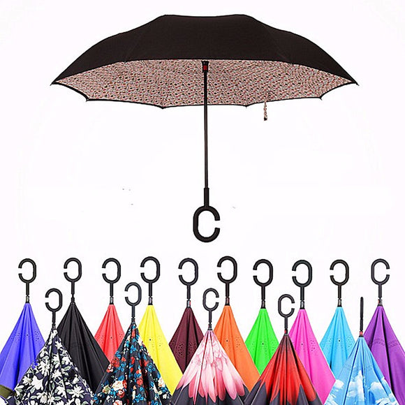 Double,Layer,Blossom,Design,Upside,Inverted,Umbrella,Handle,Windproof,Parasol,Women