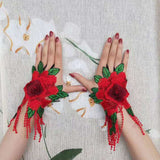 Women,Ethnic,Embroidery,Hallow,Wristband,Fashion,Floral,Cover,Finger,Tassel,Gloves