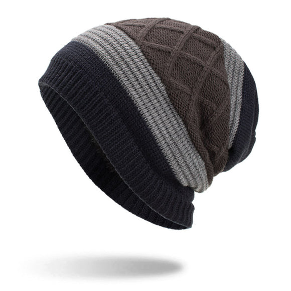 Winter,Stripe,Plaid,Velvet,Earmuffs,Knitted,Double,Layers,Slouch,Beanie