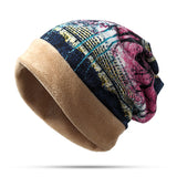 Women,Velvet,Beanies,Colorful,Printed,Bonnet,Scarf