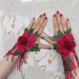 Women,Ethnic,Embroidery,Hallow,Wristband,Fashion,Floral,Cover,Finger,Tassel,Gloves