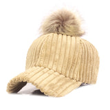 Women,Girls,Winter,Corduroy,Thick,Strip,Pompom,Outdoor,Sports,Baseball,Peaked