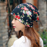 Women,Flower,Print,Beanie,Scarf,Ponytail