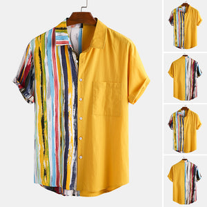 INCERUN,Fashion,Striped,Patchwork,Shirts,Casual,Short,Sleeve,Lapel,Printed,Shirt,Summer,Loose,Holiday,Hawaiian,Camisa