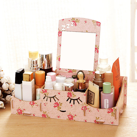 Creative,Wooden,Cosmetic,Storage,Desktop,Storage,Container,Mirror,Desktop,Organizer