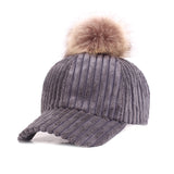 Women,Girls,Winter,Corduroy,Thick,Strip,Pompom,Outdoor,Sports,Baseball,Peaked