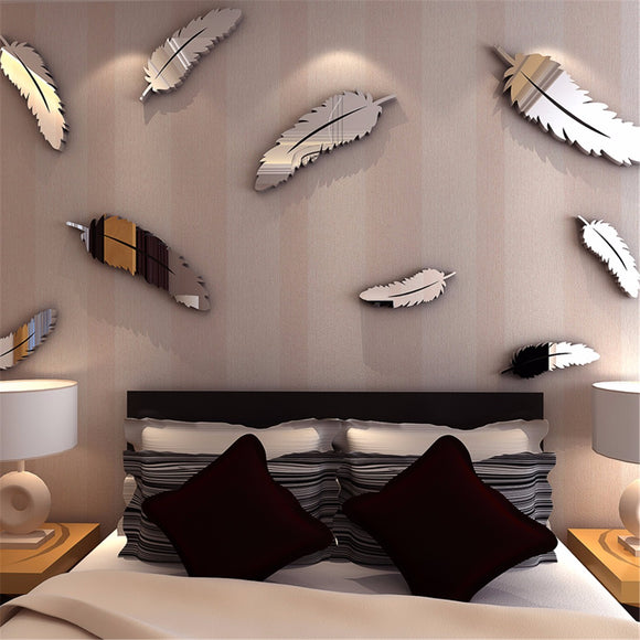 Silver,Feather,Mirror,Sticker,Mural,Bedroom,Decoration