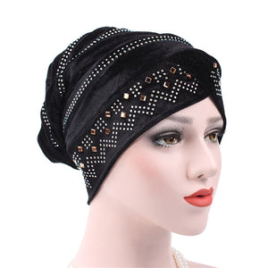 Women,Velour,Stretch,Turban,Diamond,Autumn,Casual,Solid,Beanie