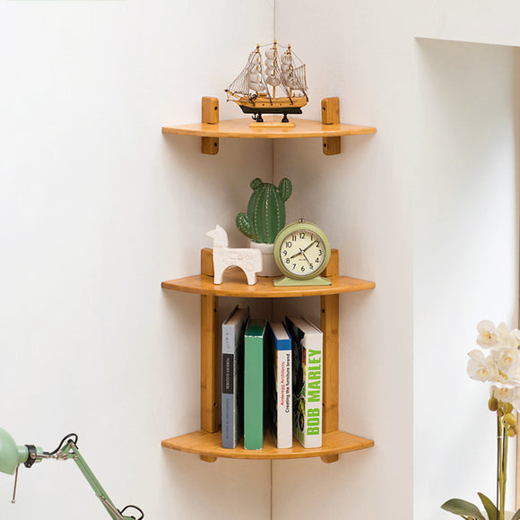 MUMAREN,Tiers,Bamboo,Shaped,Corner,Bookshelf,Storage,Wooden,Corner,Shelf