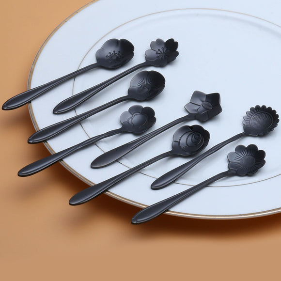 KCASA,Black,Stainless,Steel,Flower,Shape,Coffee,Sugar,Spoon,Spoon,Cream,Tableware