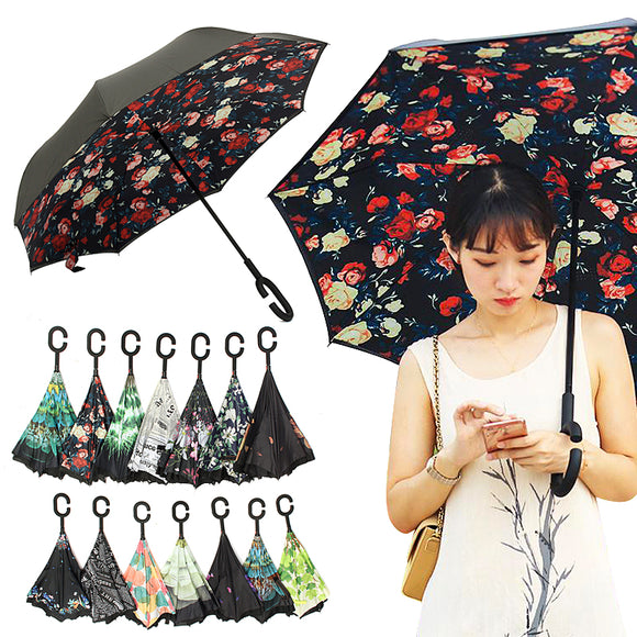 Reverse,Umbrella,People,Double,Layer,Protection,Waterproof,Sunshade,Folding,Upside,Umbrella,Travel