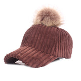 Women,Girls,Winter,Corduroy,Thick,Strip,Pompom,Outdoor,Sports,Baseball,Peaked