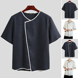 INCERUN,Linen,Style,Fitted,Henley,Short,Sleeve,Striped,Smart,Shirt