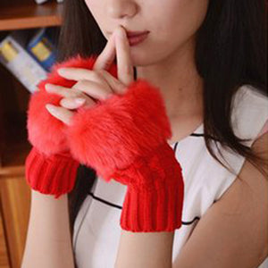 Women,Winter,Knitted,Thicken,Fingerless,Gloves,Artificial,Rabbit,Finger,Sleeve