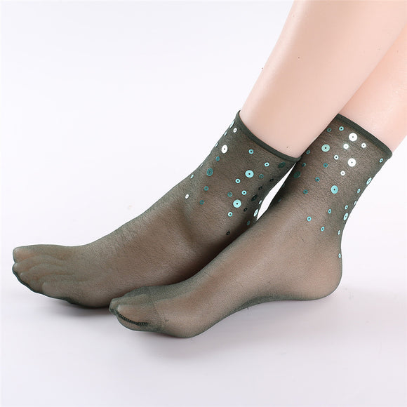 Women,Summer,Ultra,Elastic,Breathable,Middle,Socks,Fashion,Sequins