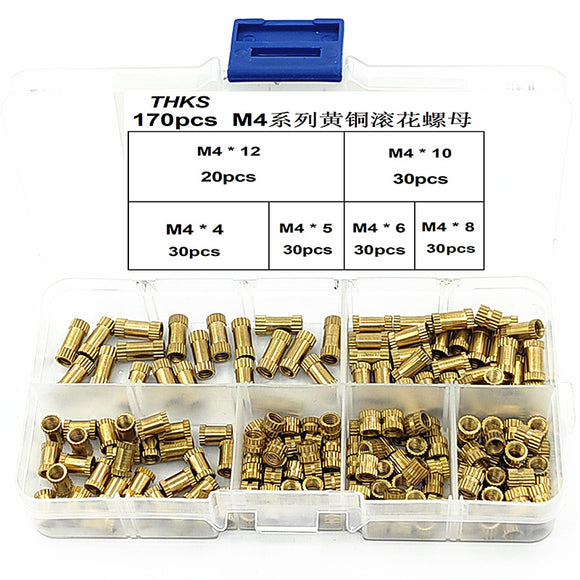 Suleve,M4BN1,170Pcs,Brass,Cylinder,Knurled,Threaded,Round,Insert,Embedded,Assortment