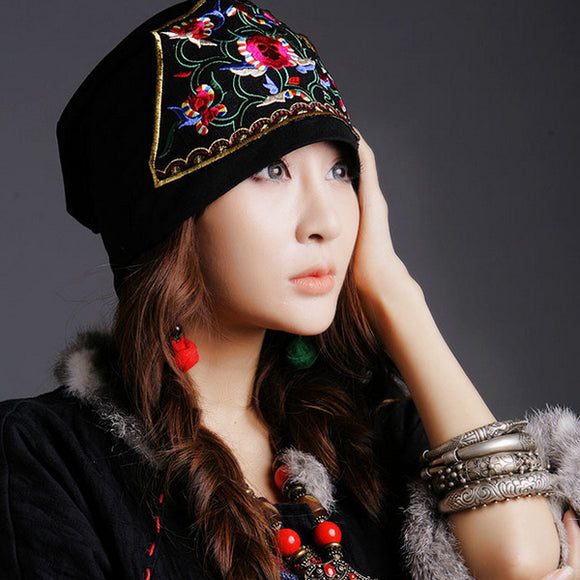 Women,Vintage,Beanie,Ethnic,Embroidery,Flowers,Slouch,Skullcap,Cotton,Breathable