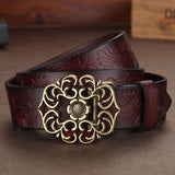 110CM,Women,Second,Layer,Genuine,Leather,Flower,Strap,Retro,Lotus,Buckle,Belts