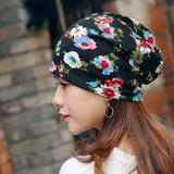 Women,Flower,Print,Beanie,Scarf,Ponytail