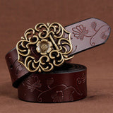 110CM,Women,Second,Layer,Genuine,Leather,Flower,Strap,Retro,Lotus,Buckle,Belts