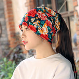 Women,Flower,Print,Beanie,Scarf,Ponytail