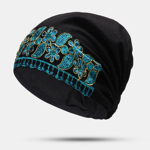 Women,Canvas,Ethnic,Embroidery,Flower,Printing,Vintage,Beanie,Turban