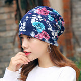 Women,Flower,Print,Beanie,Scarf,Ponytail