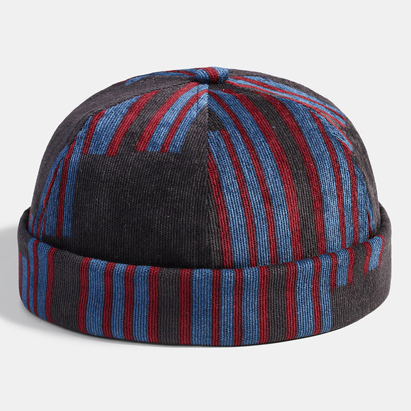 Collrown,Corduroy,Patchwork,Color,Patch,Stripe,Pattern,Casual,Fashion,Brimless,Beanie,Landlord,Skull