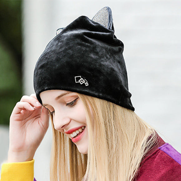 Women,Velour,Rhinestone,Windproof,Beanie,Animal