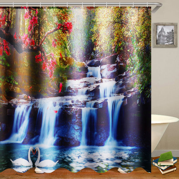 180x180cm,Swans,Flowers,Cascade,Waterproof,Shower,Curtain,12pcs,Hooks,Bathroom