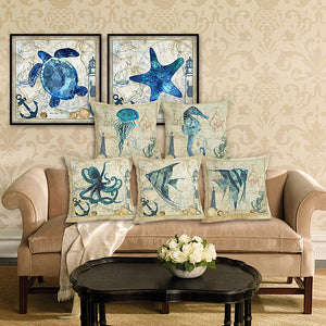 45*45cm,Creature,Pillow,Octopus,Seahorse,Conch,Print,Cushion,Cover,Linen,Throw,Pillow