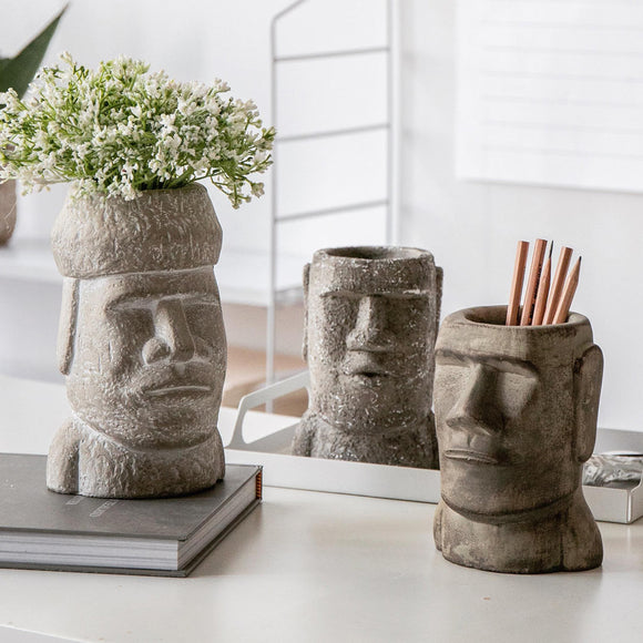 Yuihome,Vintage,Cement,Easter,Stone,Portrait,Organizer,Stone,Statue,Sandstone,Flower,Holder,Desktop,Container,Decor