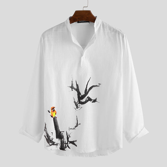 INCERUN,Cotton,Shirts,Chinese,Style,Painting,Printed,Sleeve,Stand,Collar,Blouse,Vintage,Casual,Brand,Shirt