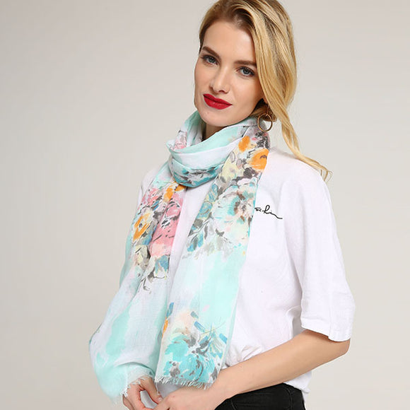 Linen,Lightweight,Peony,Chiness,Watercolor,Painting,Scarf,Summer,Breathable,Flower,Shawl,Women