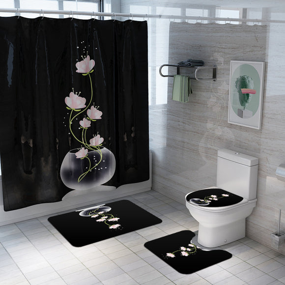 Lotus,Printed,Shower,Curtain,Pedestal,Toilet,Cover,Bathroom