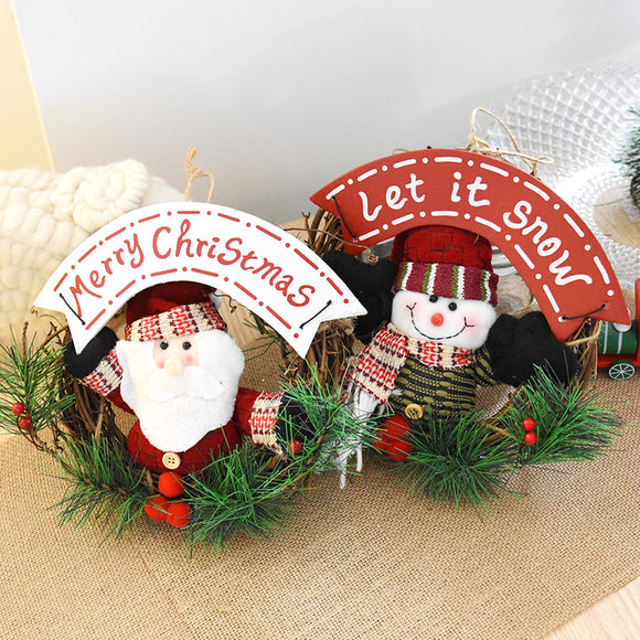 Christmas,Wreath,Front,Garland,Santa,Claus,Snowman,Ornaments,Natural,Rattan