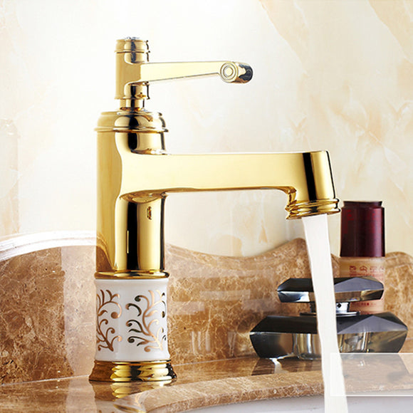 European,Classic,Golden,Bathroom,Basin,Faucet,Water,Mixer,Single,Handle,Copper,Mount
