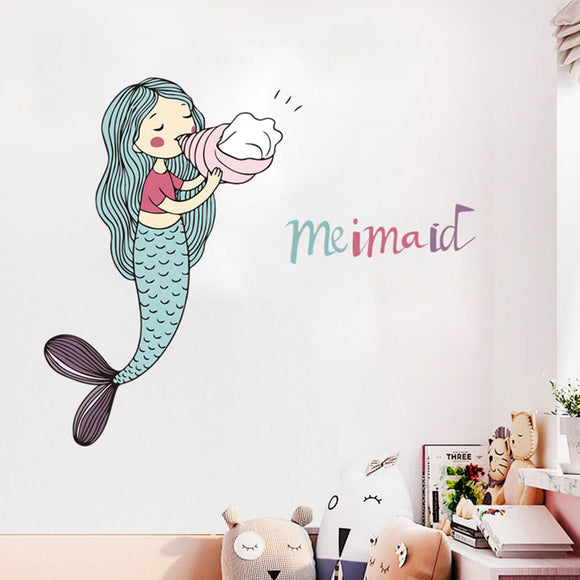 Loskii,FX64055,Cartoon,Lovely,Mermaid,Blowing,Conch,Sticker,Children's,Girls,Bedroom,Decoration,Removable,Bathroom