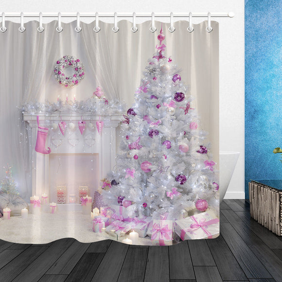 Christmas,Interior,Fireplace,Decorated,Indoors,Shower,Curtain,Bathroom