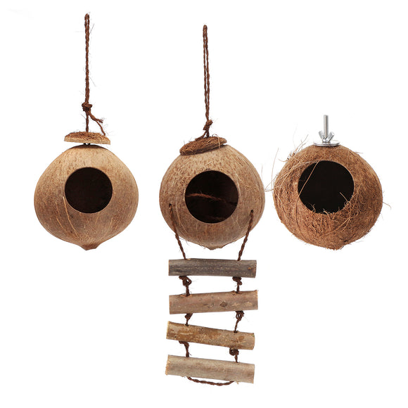 Hanging,Lanyard,Ladder,House,Natural,Coconut,Shell,Shape,Parakeets,Finches,Sparrows,Parrots