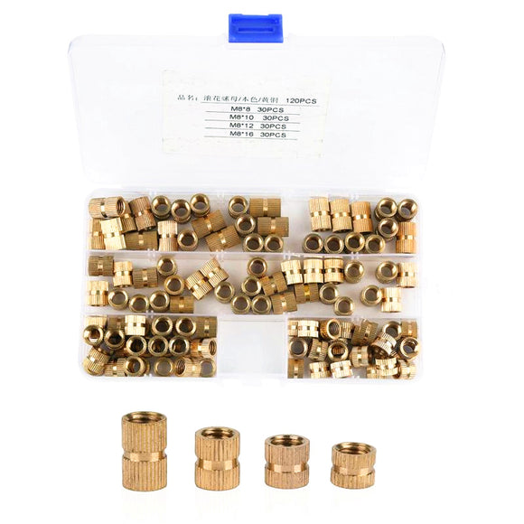 Suleve,M8BN1,120Pcs,Brass,Cylinder,Knurled,Threaded,Round,Insert,Embedded,Assortment