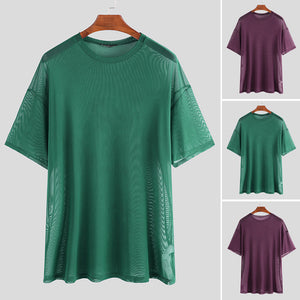 Men's,Short,Sleeve,Fishnet,Shirts,Baggy,Loose,Through,Muscle