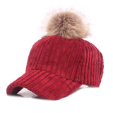 Women,Girls,Winter,Corduroy,Thick,Strip,Pompom,Outdoor,Sports,Baseball,Peaked