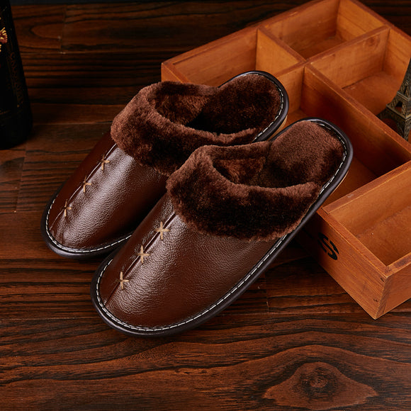 Leather,Couple,Winter,Slippers,Fuzzy,House,Slippers,Fleece,Lined,Shoes